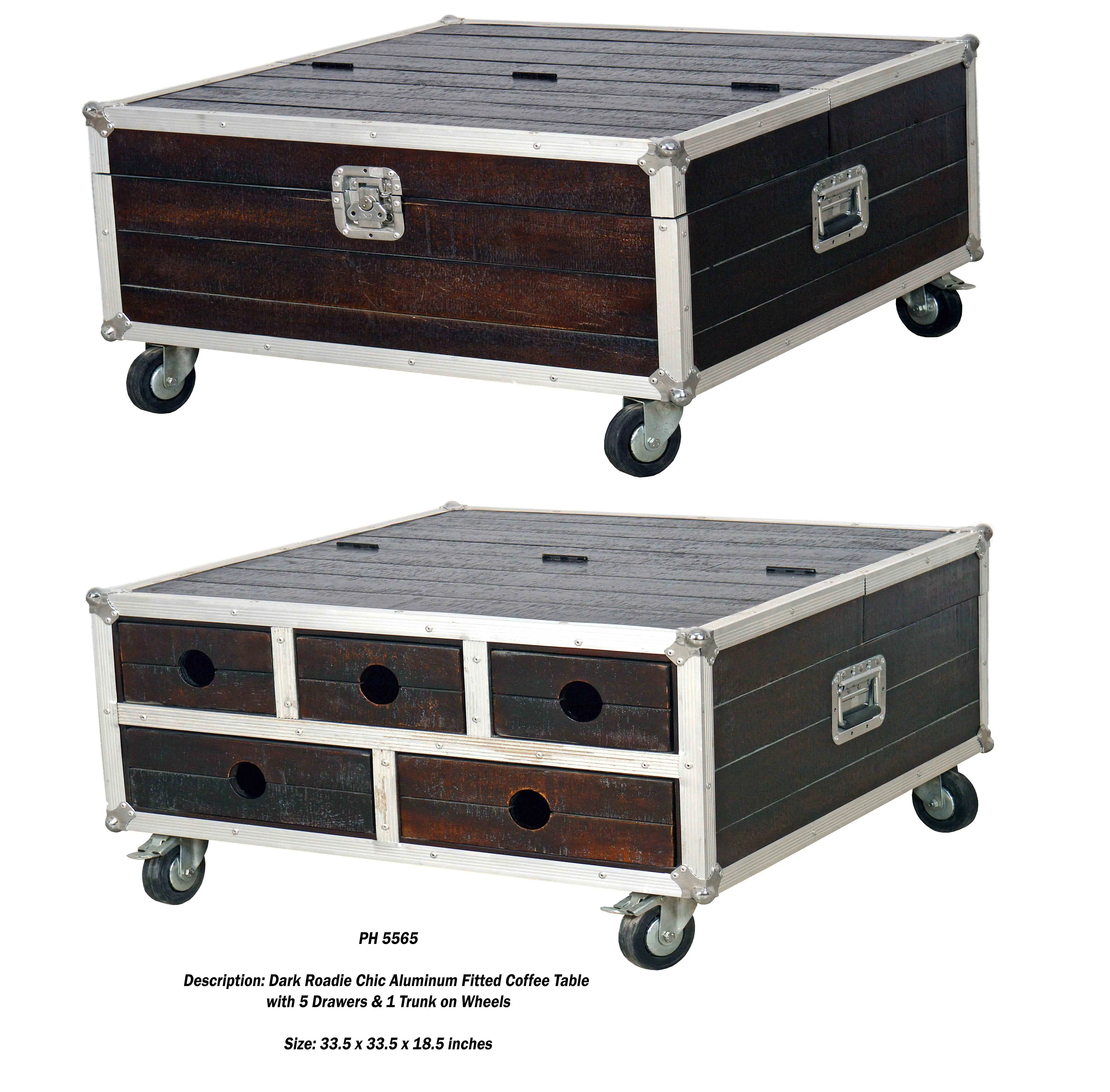 Dark Roadie Chic  Coffee Table Trunk with 5 Drawers & 1 Box on Wheels - popular handicrafts